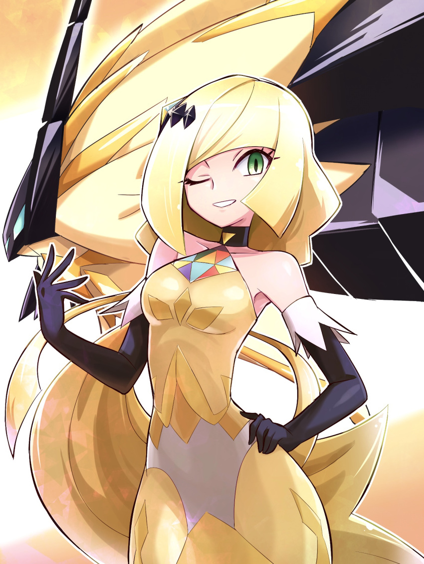 1girl bare_shoulders black_choker black_gloves blonde_hair blunt_bangs breasts choker collarbone commentary_request dress elbow_gloves eyelashes gloves green_eyes grin hand_on_own_hip hand_up highres long_hair lusamine_(pokemon) necrozma necrozma_(dusk_mane) official_alternate_costume one_eye_closed pokemon pokemon_(game) pokemon_masters_ex smile teeth usoco yellow_dress