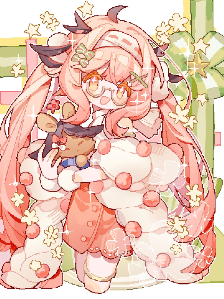 1girl :d arknights bespectacled blush bow clothing_request cropped_legs dress erato_(arknights) erato_(untold_stories)_(arknights) feather_hair glasses hair_bow head_tilt headband highres holding holding_stuffed_toy long_hair official_alternate_costume open_mouth orange_eyes pink_dress pink_hair pixelated saucer_(saucer752) semi-rimless_eyewear sidelocks simple_background smile solo stuffed_toy thigh_strap twintails very_long_hair white_background wrapping_paper