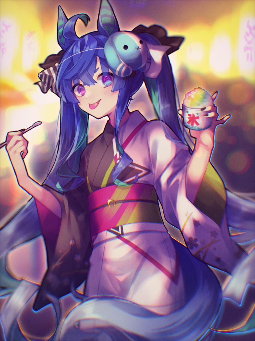 1girl :p @_@ ahoge animal_ears black_nails blue_eyes blue_hair blurry blurry_background bokeh bow closed_mouth commentary_request cowboy_shot crossed_bangs depth_of_field food hair_bow hands_up heterochromia highres holding holding_food horse_ears horse_girl horse_tail japanese_clothes kimono lantern light_blush looking_at_viewer maigo_(user_xkwr8585) mask mask_on_head multicolored_clothes multicolored_kimono nail_polish obi paper_lantern purple_eyes rabbit_mask sash shaved_ice sidelocks solo spoon_straw striped striped_bow summer_festival tail tongue tongue_out twin_turbo_(umamusume) twintails umamusume yukata