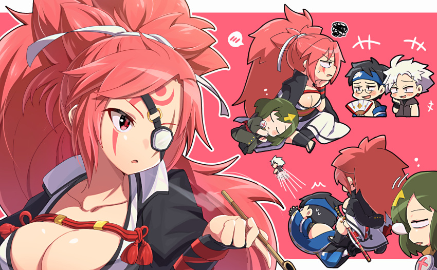 2boys 2girls amputee baiken big_hair black_jacket black_kimono breasts chibi chipp_zanuff delilah_(guilty_gear) eyepatch facial_tattoo green_hair guilty_gear guilty_gear_strive highres holding holding_smoking_pipe itsuka_neru jacket jacket_on_shoulders japanese_clothes kataginu katana kimono large_breasts medium_hair mito_anji multicolored_clothes multicolored_kimono multiple_boys multiple_girls one-eyed pink_hair ponytail red_eyes samurai sash smoking_pipe sword tattoo weapon white_kimono