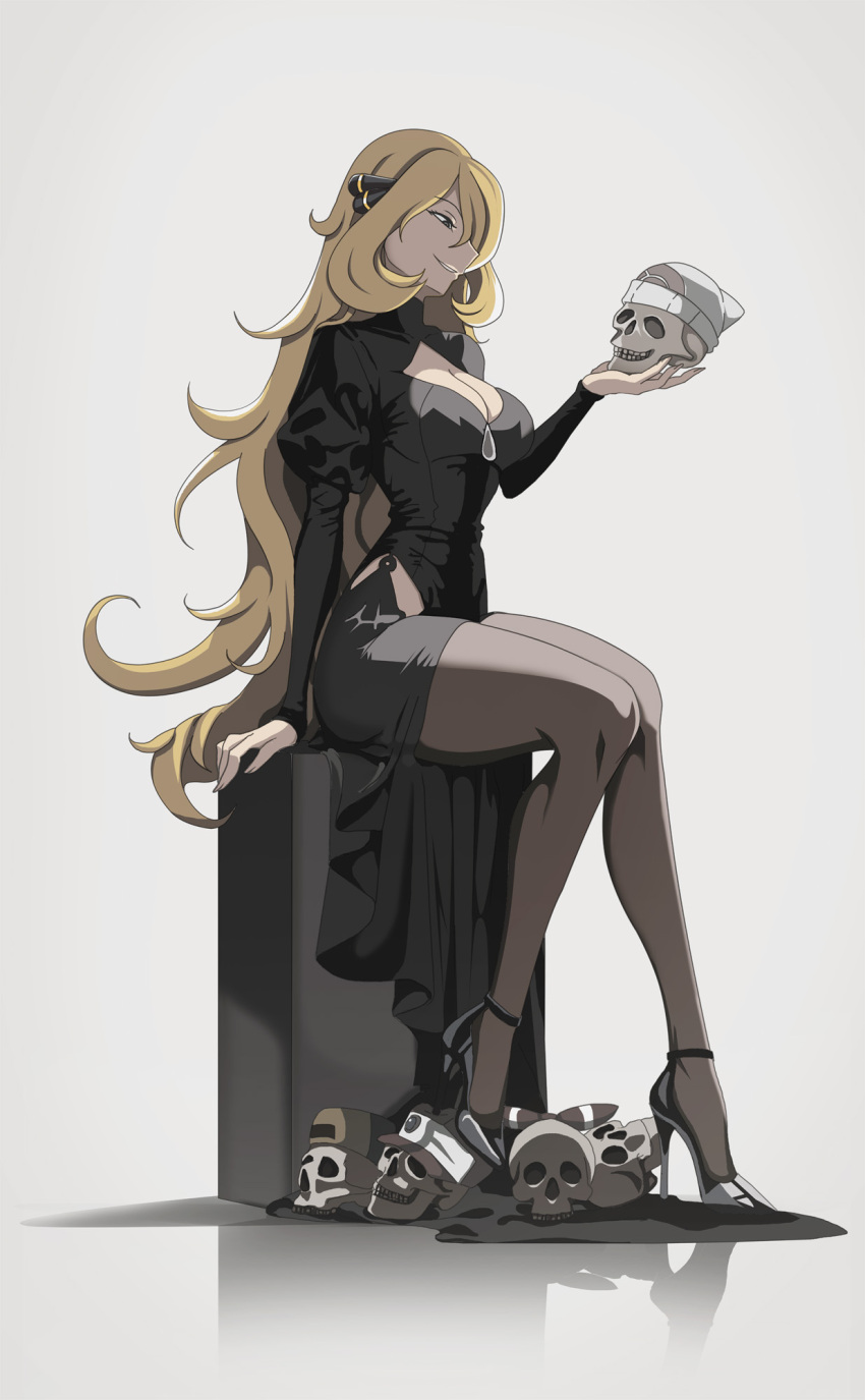 beanie black_dress blonde_hair bow breasts cynthia_(pokemon) dress full_body grey_eyes grey_pantyhose grin hair_bow hair_ornament hat high_heels highres hip_vent holding holding_skull large_breasts long_hair long_sleeves looking_at_object pantyhose pokemon pokemon_(game) pokemon_dppt sitting skull smile thighs very_long_hair vivivoovoo wavy_hair