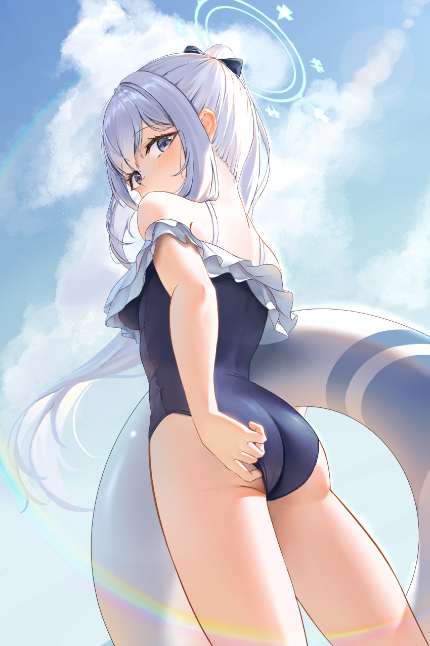 1girl absurdres ass blue_archive blue_eyes blue_one-piece_swimsuit cloud floating_hair frills from_behind from_below halo highres holding holding_innertube innertube long_hair looking_back looking_down miyako_(blue_archive) miyako_(swimsuit)_(blue_archive) one-piece_swimsuit ponytail sidelocks sky solo sprygon swimsuit thighs white_hair