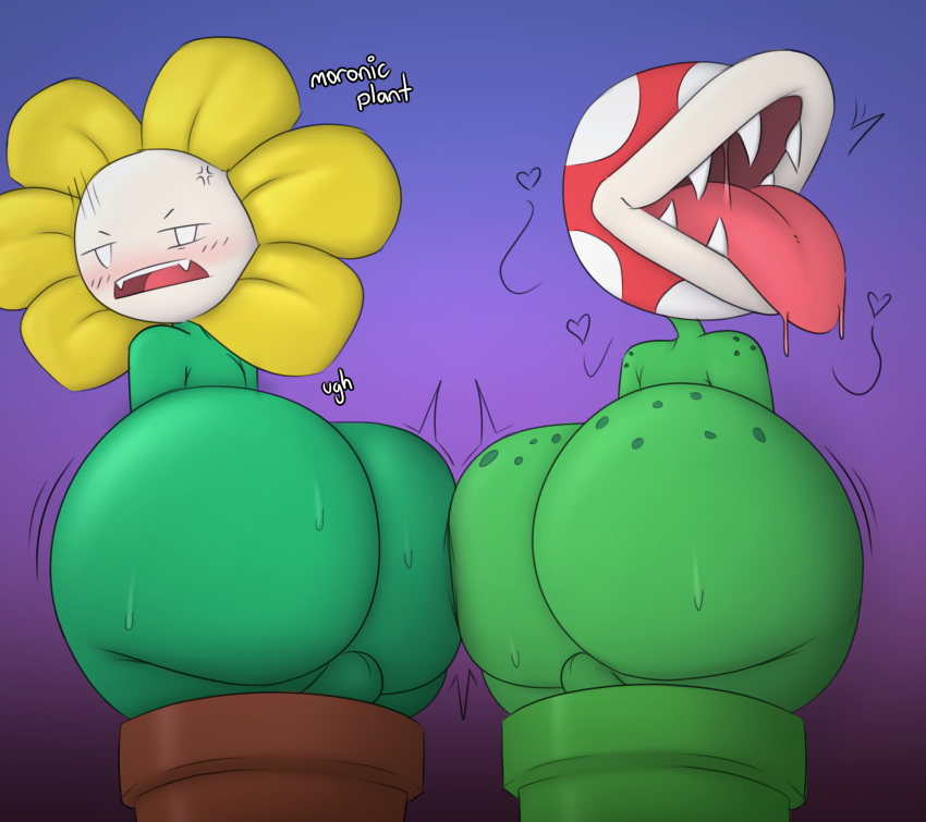 anthro backsack balls big_butt bodily_fluids butt chunknudies digital_media_(artwork) duo elemental_creature elemental_humanoid english_text flora_fauna flower flower_creature flowey_the_flower genitals green_body hi_res humanoid humanoid_genitalia male male/male mario_bros nintendo not_furry nude piranha_plant plant plant_humanoid simple_background teeth text tongue tongue_out undertale undertale_(series)