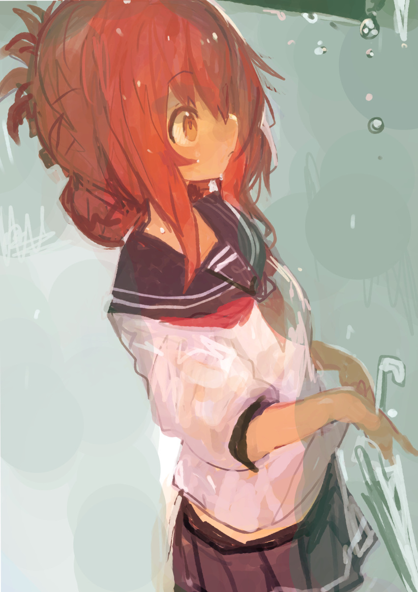 1girl absurdres black_sailor_collar black_skirt brown_eyes brown_hair closed_mouth folded_ponytail highres inazuma_(kancolle) kaamin_(mariarose753) kantai_collection long_hair neckerchief pleated_skirt red_neckerchief sailor_collar school_uniform serafuku skirt solo umbrella