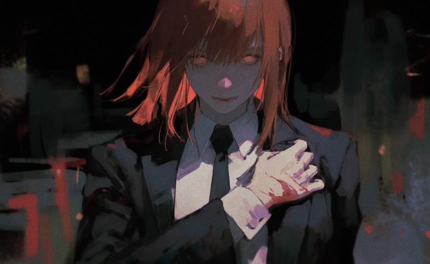 1girl 96yottea absurdres black_coat black_necktie blood chainsaw_man coat collared_shirt formal highres looking_at_viewer makima_(chainsaw_man) medium_hair necktie office_lady red_hair ringed_eyes shirt solo suit white_shirt yellow_eyes