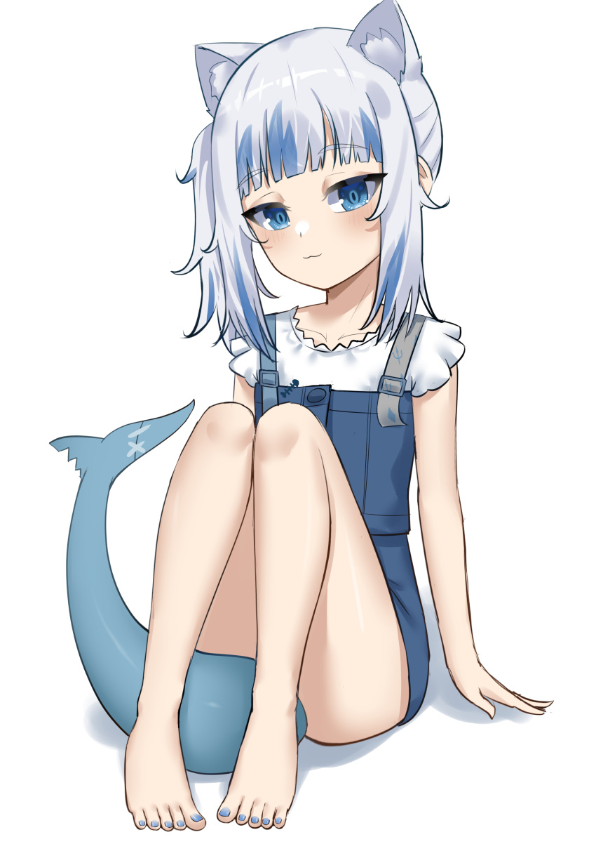 1girl absurdres animal_ear_fluff barefoot blue_eyes blue_hair blue_nails blue_overalls blunt_bangs blush breasts fins fish_tail gawr_gura gawr_gura_(2nd_costume) grey_hair highres hololive hololive_english looking_at_viewer medium_hair multicolored_hair nail_polish official_alternate_costume overalls rebelium shark_girl shark_tail shirt side_ponytail sidelocks small_breasts smile solo streaked_hair tail toenail_polish toenails virtual_youtuber white_shirt