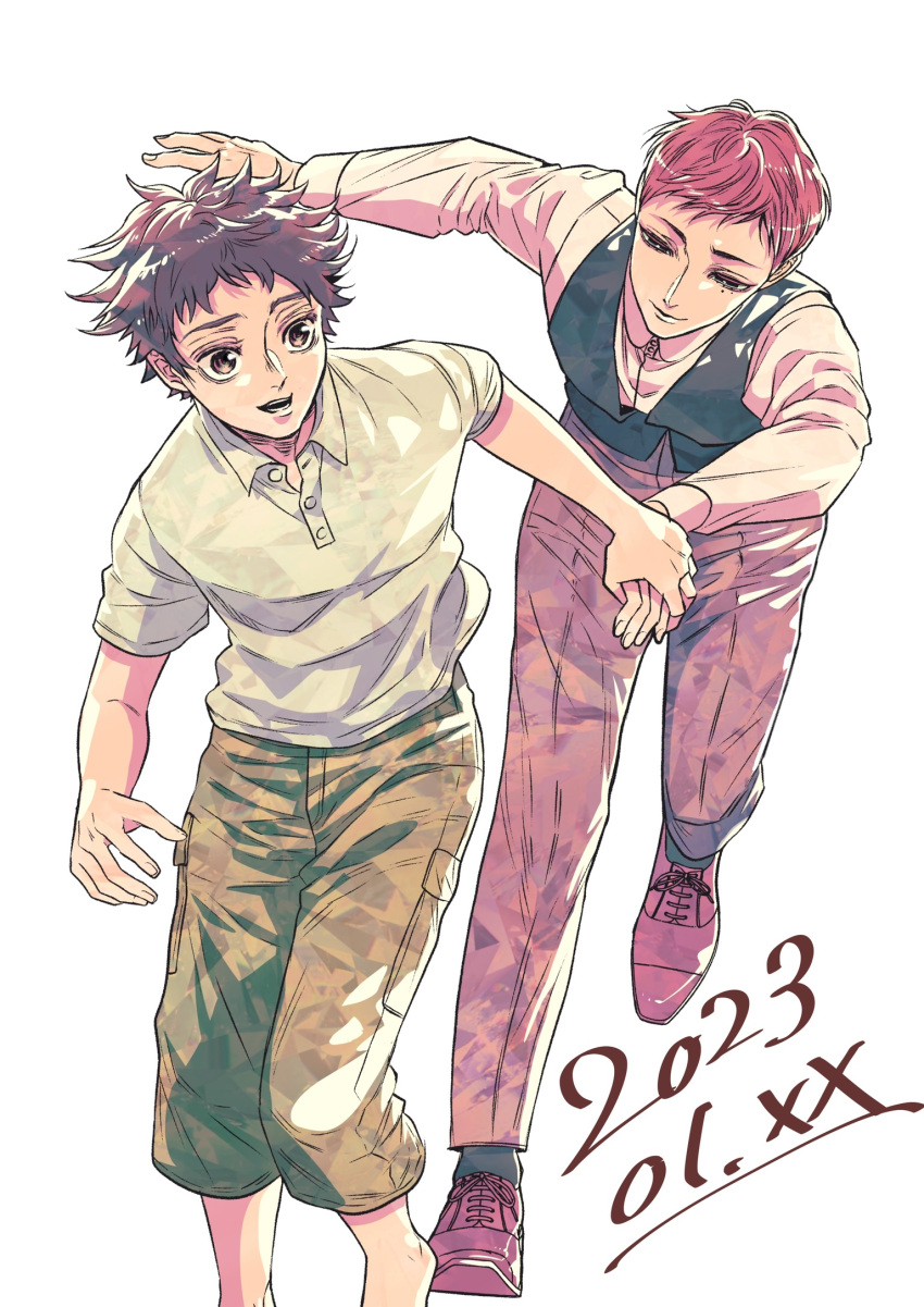 2boys ballroom_e_youkoso barefoot black_vest brown_eyes brown_footwear dated fujita_tatara highres holding_hands hyoudou_kiyoharu long_sleeves multiple_boys red_hair running shirt shoes short_sleeves tera24ga vest white_hair white_shirt yaoi