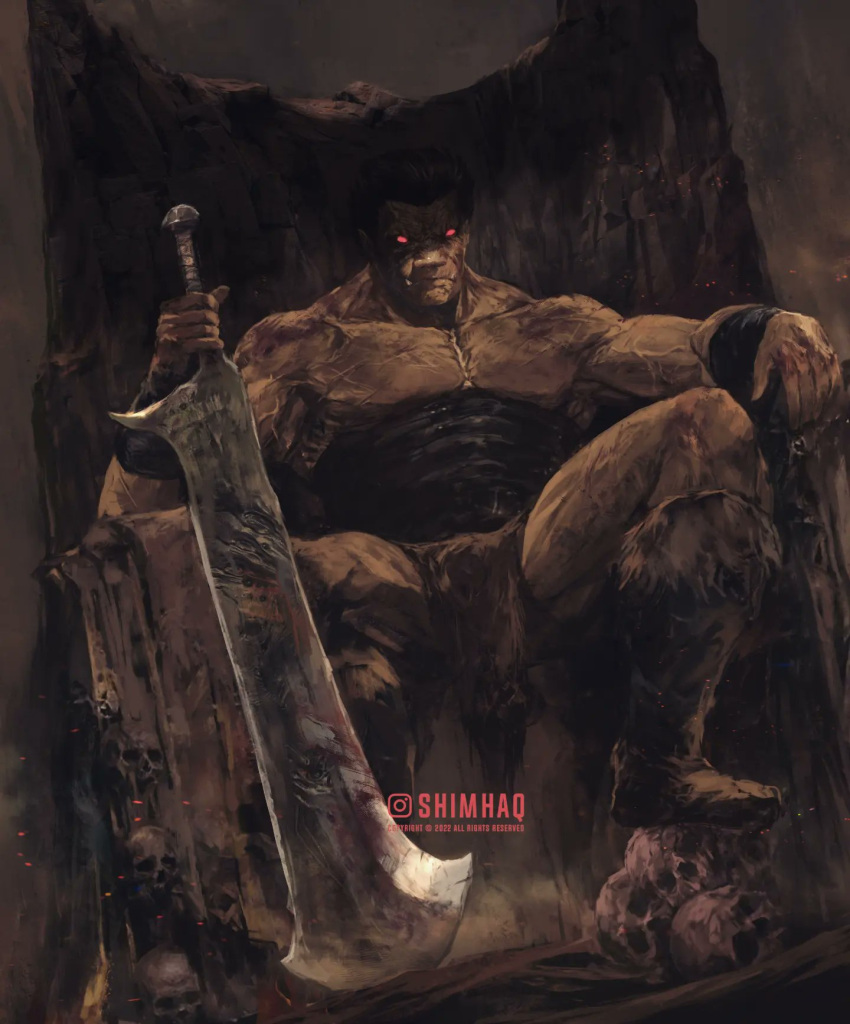 1boy artist_name berserk black_hair closed_mouth commentary english_commentary fangs fangs_out glowing glowing_eyes highres holding holding_weapon instagram_username loincloth male_focus muscular muscular_male red_eyes sharp_teeth shimhaq short_hair sitting skull solo spiked_hair teeth throne veins weapon zodd_(berserk)