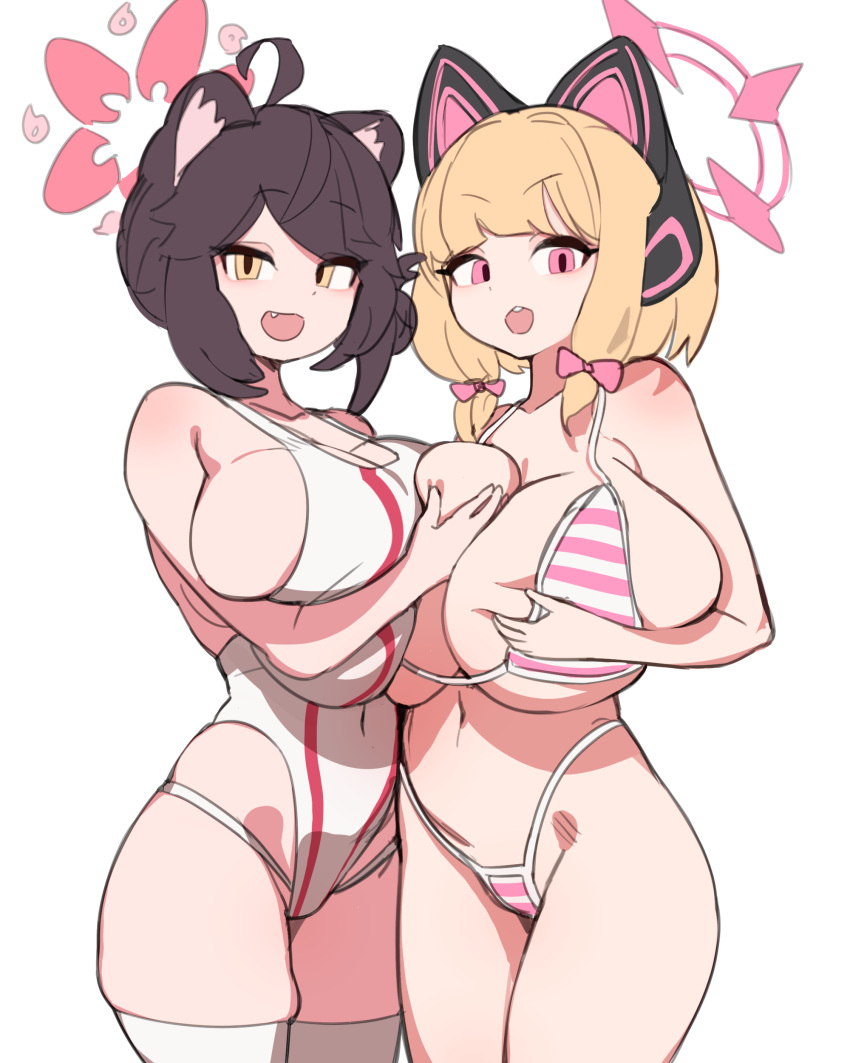2girls :d absurdres ahoge alternate_breast_size animal_ears asymmetrical_docking bare_shoulders bikini black_hair blonde_hair blue_archive blush breast_press breasts brown_eyes competition_swimsuit english_commentary grabbing grabbing_own_breast gya_rb halo highleg highleg_bikini highres huge_breasts kaede_(blue_archive) looking_at_viewer micro_bikini momoi_(blue_archive) multiple_girls one-piece_swimsuit open_mouth oppai_loli simple_background skindentation smile string_bikini striped striped_bikini swimsuit thighhighs white_background white_one-piece_swimsuit yellow_eyes