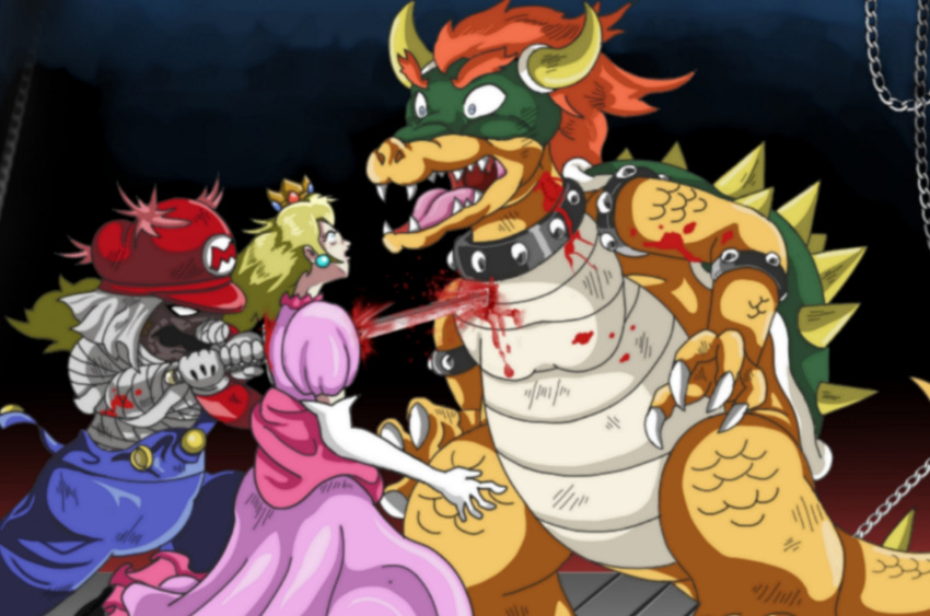 1girl 2boys bandages blonde_hair blood blue_eyes blue_overalls bowser chain commentary_request cosplay death dress elbow_gloves facial_hair gloves gradient_background hat highres holding holding_sword holding_weapon impaled katana long_hair mario mario_(series) mojapene multiple_boys murder mustache non-web_source overalls parody pink_dress princess_peach red_headwear red_shirt revenge rurouni_kenshin scene_reference sharp_teeth shell shirt shishio_makoto shishio_makoto_(cosplay) spiked_shell stab sword teeth undershirt weapon white_gloves