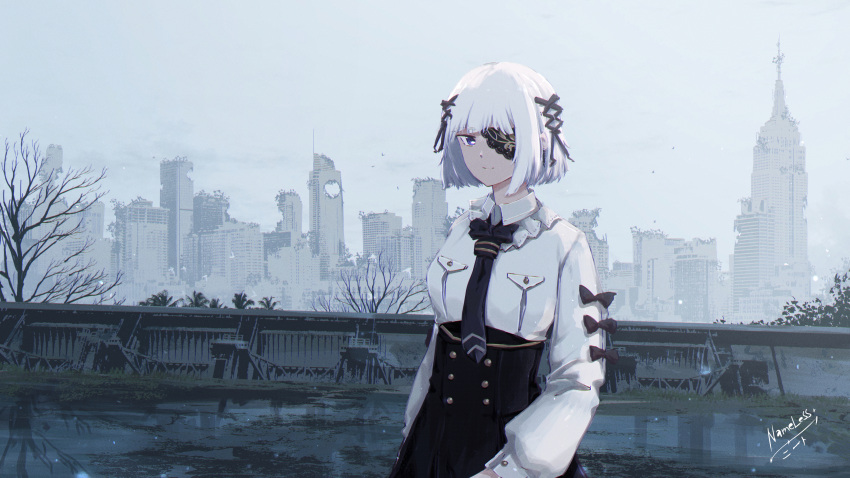 1girl absurdres black_necktie black_ribbon black_skirt blue_eyes cityscape collared_jacket hair_ornament highres jacket long_sleeves medium_hair nameless_neet necktie print_eyepatch punishing:_gray_raven ribbon ruins sidelocks skirt vanessa_(punishing:_gray_raven) white_hair white_jacket