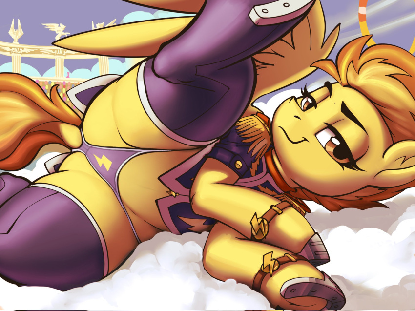 clothed clothed_feral clothing dimfann epaulet equid equine feathers female feral friendship_is_magic hasbro hi_res horseshoe legwear mammal my_little_pony nipples panties pegasus solo spitfire_(mlp) stockings teats underwear wings wonderbolts_(mlp) yellow_body yellow_feathers