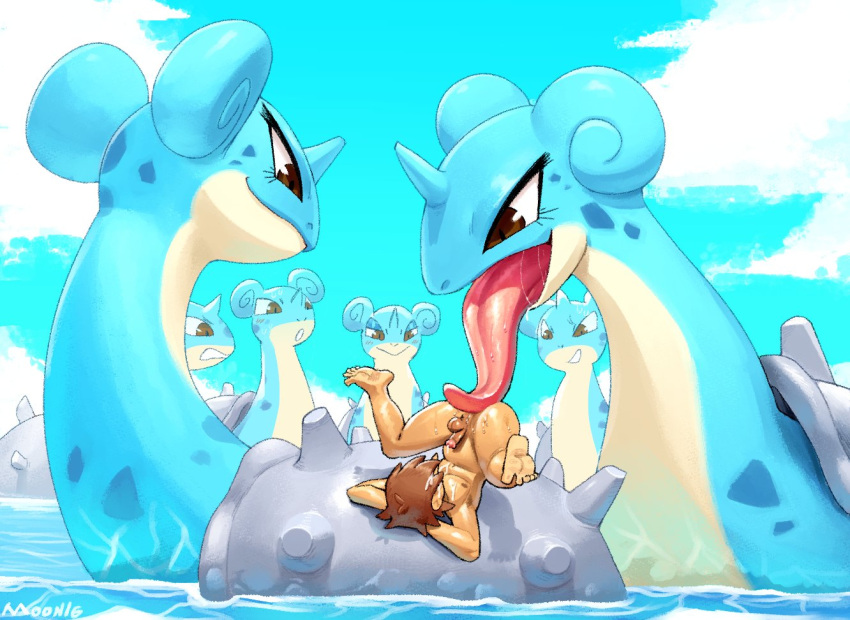 1boy :&gt; anilingus blue_skin blue_sky colored_skin completely_nude cum cum_on_self horns lapras licking lilmoonie long_tongue nude open_mouth pokemon pokephilia shell single_horn sky smile spread_legs tongue top-down_bottom-up water