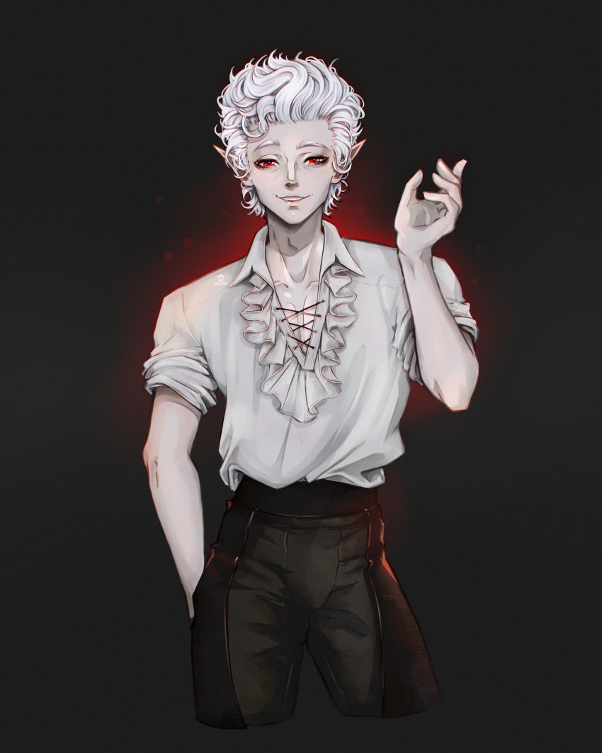 1boy :d absurdres artist_logo artist_name astarion_(baldur's_gate) baldur's_gate baldur's_gate_3 bite_mark bite_mark_on_neck black_pants chromatic_aberration collarbone collared_shirt contrapposto cowboy_shot cross-laced_clothes cross-laced_top dark_background dungeons_and_dragons english_commentary fang film_grain frilled_shirt frills glowing grin half-closed_eyes hand_up highres lace-up_top lips looking_at_viewer male_focus max_art149 pale_skin pants pectoral_cleavage pectorals pointy_ears red_eyes shirt shirt_tucked_in short_hair sleeves_pushed_up slit_pupils smile smirk solo standing taut_clothes taut_pants v-neck vampire wavy_hair white_hair white_shirt