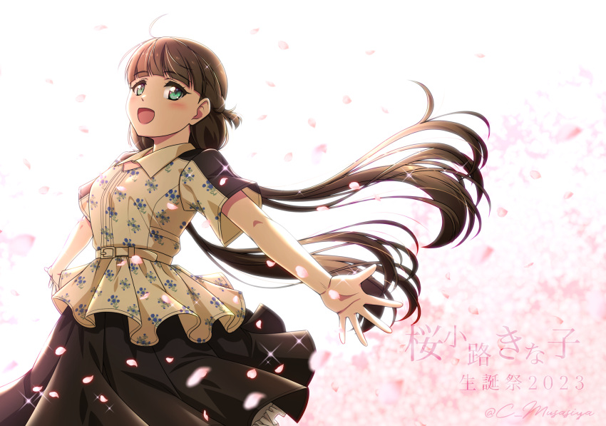 1girl birthday blunt_bangs blush braid breasts brown_hair cherry_blossoms french_braid green_eyes highres long_hair love_live! love_live!_superstar!! low_twintails medium_breasts musashiya_chougenbou petals sakurakouji_kinako smile solo sparkle twintails twitter_username