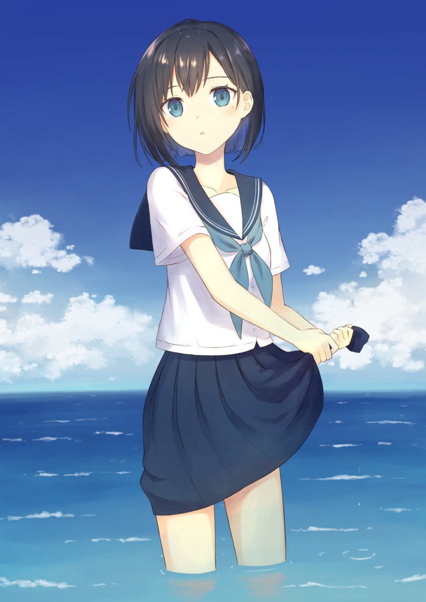 104 1girl black_hair black_sailor_collar black_skirt blue_eyes blue_neckerchief blue_sky bob_cut cloud collarbone commentary_request cowboy_shot day highres neckerchief ocean original outdoors parted_lips sailor_collar school_uniform serafuku short_hair short_sleeves skirt sky solo standing wading water wringing_clothes wringing_skirt