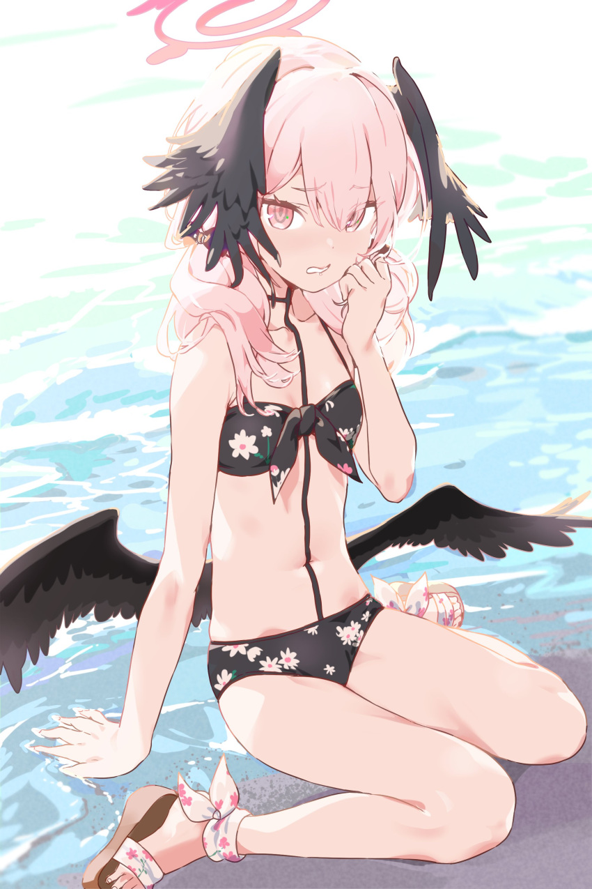 1girl absurdres ankle_ribbon bikini black_bikini black_bow black_wings blue_archive bow breasts collarbone feathered_wings floral_print front-tie_bikini_top front-tie_top full_body haimura_kiyotaka hair_bow hair_over_shoulder halo hand_up head_wings highres koharu_(blue_archive) koharu_(swimsuit)_(blue_archive) leg_ribbon legs long_hair low_twintails low_wings official_alternate_costume parted_lips pink_eyes pink_hair pink_halo print_bikini ribbon sand sandals shore sitting small_breasts spaghetti_strap swimsuit toenails toes twintails wariza water white_ribbon wings