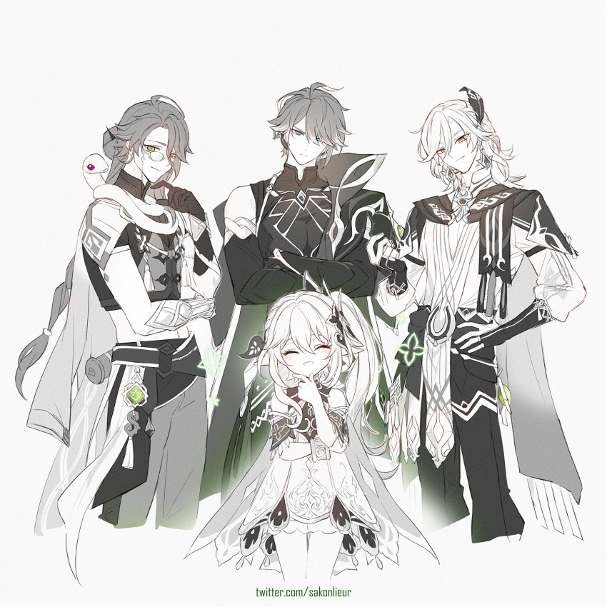 1girl 3boys alhaitham_(genshin_impact) baizhu_(genshin_impact) closed_eyes commentary cropped_legs crossed_arms dress elbow_gloves genshin_impact gloves green_eyes hair_between_eyes hand_on_own_hip height_difference highres kaveh_(genshin_impact) long_hair long_sleeves looking_at_viewer midriff monochrome monocle multiple_boys nahida_(genshin_impact) open_mouth pants red_hair sakon04 shirt_tucked_in short_sleeves side_ponytail single_glove sleeveless sleeveless_dress smile snake spot_color twitter_username very_long_hair