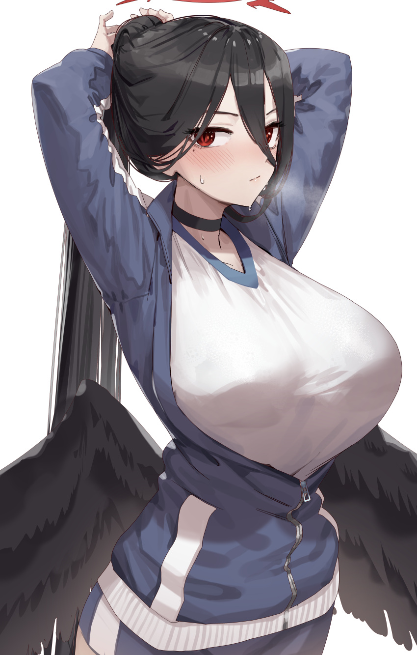 1girl absurdres arms_behind_head black_choker black_hair black_wings blue_archive blue_jacket blue_shorts blush breasts choker closed_mouth collarbone commentary feathered_wings goback gym_shirt gym_shorts gym_uniform hair_between_eyes hair_up halo hasumi_(blue_archive) hasumi_(track)_(blue_archive) highres huge_breasts jacket large_wings long_hair looking_at_viewer low_wings mole mole_under_eye official_alternate_costume open_clothes open_jacket partially_unzipped ponytail red_eyes red_halo shirt shorts simple_background solo standing sweatdrop track_jacket white_background wings