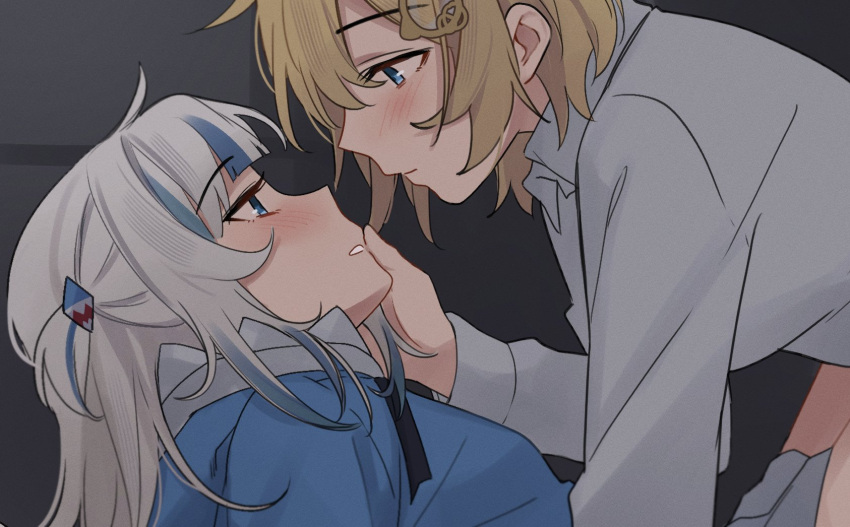 2girls animal_hood blonde_hair blue_eyes blue_hair blue_hoodie blush closed_mouth collared_shirt dress_shirt gawr_gura hair_between_eyes hair_ornament hand_on_another's_face highres hololive hololive_english hood hoodie long_hair long_sleeves looking_at_another mittsu monocle_hair_ornament multicolored_hair multiple_girls open_mouth shark_hair_ornament shark_hood shirt short_hair streaked_hair two-tone_hair watson_amelia white_hair white_shirt yuri