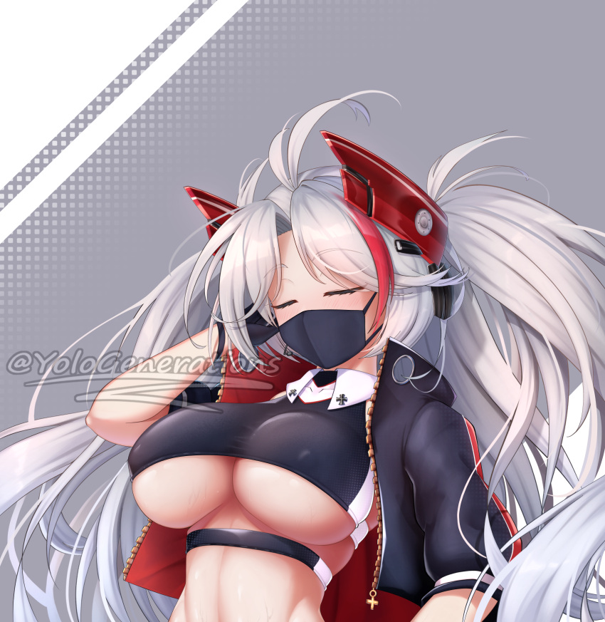 1girl azur_lane blush breasts dildo highres huge_breasts jacket looking_at_viewer mask mouth_mask multicolored_hair prinz_eugen_(azur_lane) prinz_eugen_(final_lap)_(azur_lane) race_queen sex_toy underboob white_hair yolo_generations