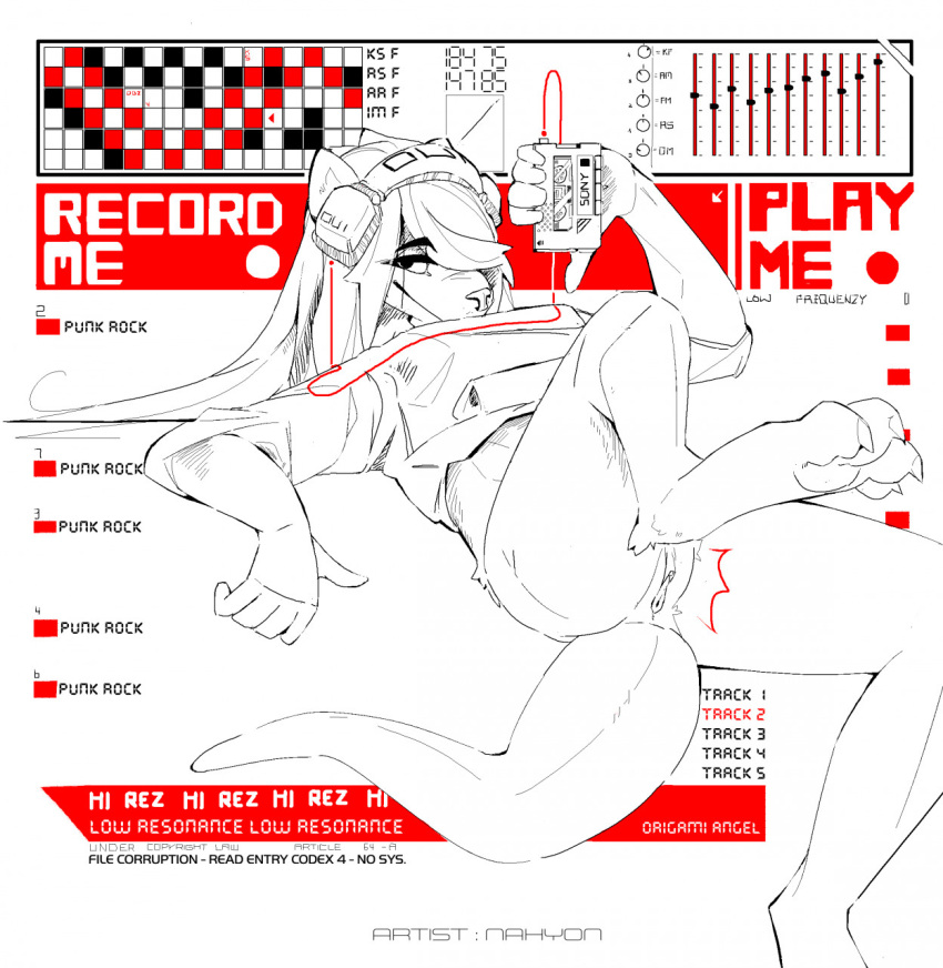 anthro bedroom_eyes cassette_player female genitals headphones hi_res lying mammal nahyon narrowed_eyes on_back presenting presenting_pussy pussy seductive smile solo spread_legs spreading tail