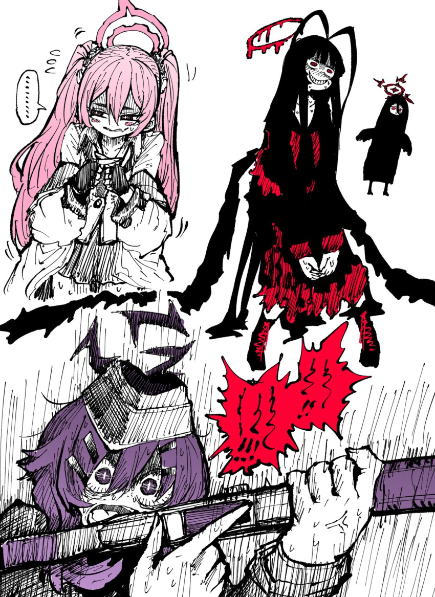 4girls black_gloves black_hair black_headwear black_jacket black_necktie black_sailor_collar black_serafuku black_shirt black_skirt black_wings blood blood_on_weapon blue_archive blush coat collared_shirt commentary_request crop_top cropped_torso double-parted_bangs feathered_wings feathers fingerless_gloves fp6 garrison_cap gloves gun hair_between_eyes hair_ornament hairclip halo haruka_(blue_archive) hasumi_(blue_archive) hat highres holding holding_gun holding_weapon jacket juliet_sleeves koyuki_(blue_archive) limited_palette long_hair long_sleeves looking_at_viewer looking_away low_wings midriff multiple_girls navel neckerchief necktie night open_mouth pink_hair plant pleated_skirt potted_plant puffy_sleeves purple_eyes purple_hair red_neckerchief reloading sailor_collar school_uniform serafuku shirt shotgun sidelocks simple_background skirt solo speech_bubble teeth translation_request tsurugi_(blue_archive) twintails undone_neckerchief very_long_hair wavy_mouth weapon white_background white_coat white_jacket white_shirt wings zyugoya