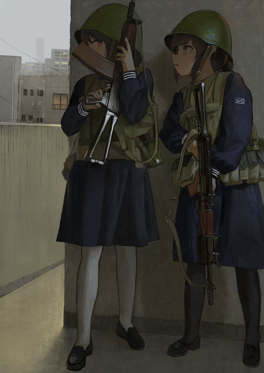 2girls absurdres aks-74u assault_rifle blue_shirt blue_skirt brown_hair chest_rig combat_helmet garoppui green_eyes green_headwear gun helmet highres kalashnikov_rifle long_skirt looking_at_another multiple_girls orange_eyes original rifle school_uniform shirt short_hair skirt solo taking_cover weapon