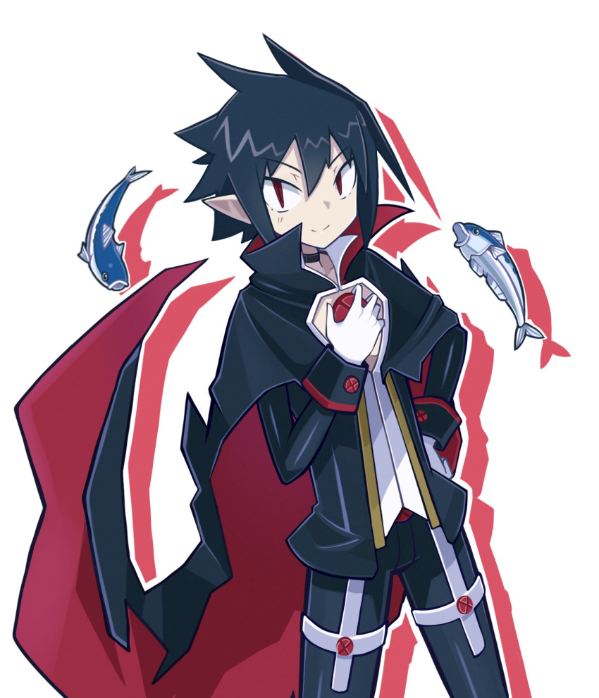 1boy black_cape black_choker black_hair black_pants black_shirt cape choker closed_mouth cowboy_shot disgaea fish gloves hand_on_own_hip highres legs_apart looking_at_viewer makai_senki_disgaea_4 male_focus pale_skin pants popped_collar red_eyes sardine shiny_clothes shirt simple_background smile solo spiked_hair standing suaman valvatorez_(disgaea) white_background white_gloves