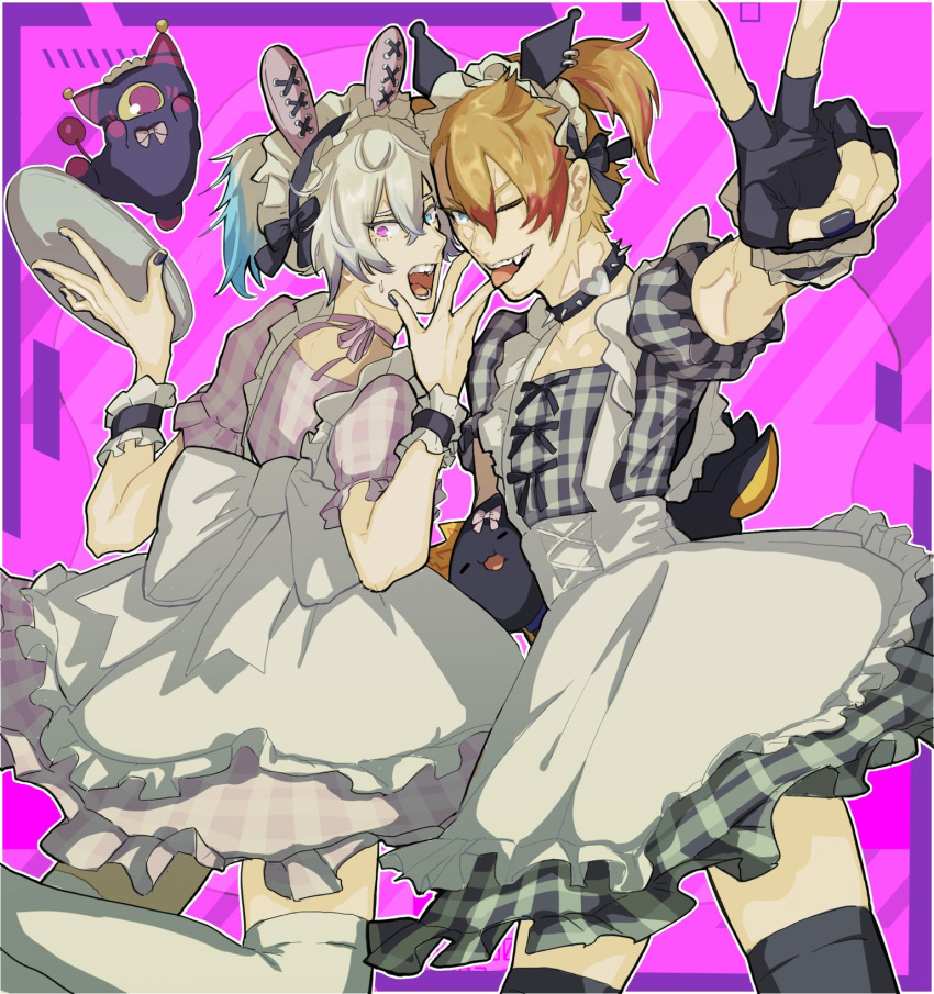 2boys animal_ears apron axel_syrios axelotl_(axel_syrios) black_nails black_thighhighs blonde_hair blue_eyes blue_hair border collar crossdressing dress fake_animal_ears fangs fingerless_gloves foreshortening frilled_apron frilled_skirt frilled_sleeves frills gavis_bettel gloves grey_hair hair_between_eyes hairband heterochromia highres holding holding_tray holostars holostars_english looking_at_viewer maid_headdress male_focus medium_hair multicolored_hair multiple_boys neck_ribbon nyaningisa one_eye_closed open_mouth outline phantom_(gavis_bettel) pink_background pink_eyes pink_hair red_hair ribbon short_hair skirt spiked_collar spikes sweatdrop thighhighs tongue tongue_out tray twintails virtual_youtuber white_apron white_border white_hair white_outline white_thighhighs