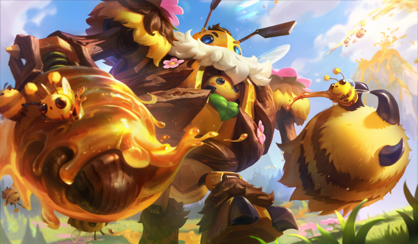 absurdres bee bee_wings blitzcrank blue_sky bug cloud flower grass highres honey league_of_legends mountain official_alternate_costume official_art outdoors pink_flower robot sky solo standing tree