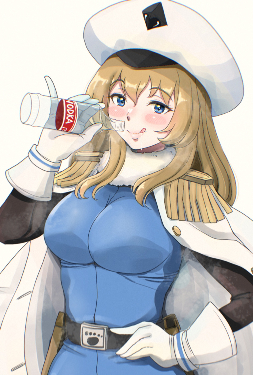 1girl alcohol andreanof_pepesha blonde_hair blue_dress blue_eyes blush bottle breasts dress fur_collar gloves hair_between_eyes hand_on_own_hip hand_up highres holding holding_bottle large_breasts long_hair long_sleeves looking_at_viewer osage_gankyou shy_(series) smile solo vodka white_gloves white_headwear