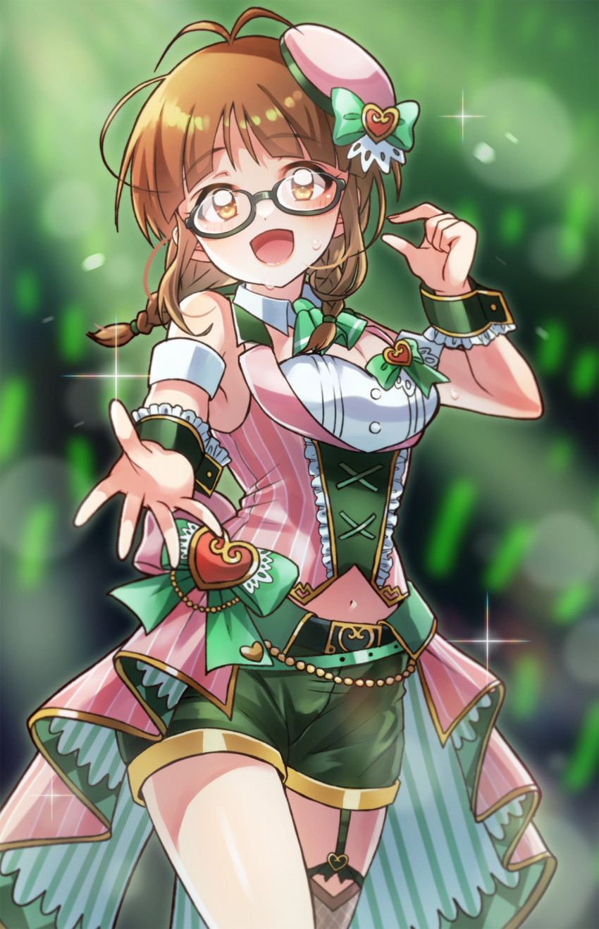 1girl 81_(mellowry) akizuki_ritsuko antenna_hair armband ascot belly_chain belt black-framed_eyewear black_belt blurry blurry_background blush bow braid breasts brown_eyes brown_hair buckle cleavage collar cowboy_shot detached_collar dot_nose dress_bow frilled_wrist_cuffs garter_straps glasses glowstick green_ascot green_bow green_ribbon green_shorts green_wrist_cuffs grey_thighhighs hair_tie hands_up hat hat_ornament hat_ribbon heart_hat_ornament highres idolmaster idolmaster_(classic) idolmaster_million_live! idolmaster_million_live!_theater_days jewelry large_breasts looking_at_viewer midriff navel open_hand open_mouth pink_headwear pink_shirt reaching reaching_towards_viewer ribbon semi-rimless_eyewear shirt short_hair shorts single_thighhigh sleeveless sleeveless_shirt smile solo sparkle standing striped striped_shirt sweat thighhighs twin_braids twintails under-rim_eyewear underbust white_armband white_collar wrist_cuffs