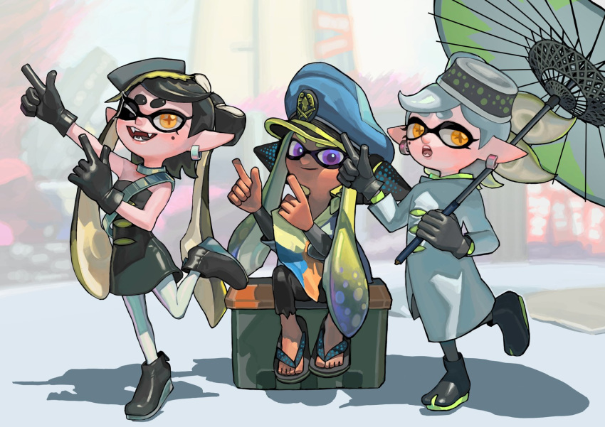 agent_3_(splatoon) animal_humanoid blurred_background callie_(splatoon) captain_hat cephalopod cephalopod_humanoid clothing coleoid decapodiform dress ear_piercing ear_ring female footwear gesture gloves group handwear headgear headphones headwear hi_res humanoid inkling jewelry looking_at_viewer marie_(splatoon) marine marine_humanoid markings mole_(marking) mollusk mollusk_humanoid necklace nintendo one_eye_closed one_leg_up orange_eyeshadow peachquail piercing pointing pointing_up purple_eyes ragged_clothing raised_leg ring_piercing sandals shadow sitting sitting_on_object smile smiling_at_viewer splatoon splatoon_(series) splatoon_3 squid_sisters_(splatoon) standing tentacles trio umbrella wink