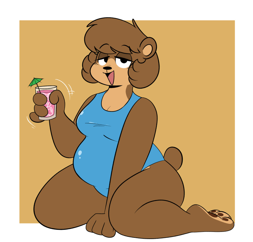 2020 3_toes 4_fingers anthro arm_support bangs barefoot bear bear_tail belly beverage biped black_eyebrows black_eyelashes black_eyes black_mouth black_nose blue_clothing blue_one-piece_swimsuit blue_swimwear border breasts brown_bear brown_body brown_ears brown_fur brown_hair brown_tail cleavage clothed clothed_anthro clothed_female clothing colored countershade_face countershade_feet countershade_fur countershade_neck countershade_torso countershading digital_drawing_(artwork) digital_media_(artwork) drink_umbrella eyebrow_through_hair eyebrows eyelashes feet female female_anthro fingers fur glistening glistening_clothing glistening_swimwear hair half-closed_eyes hi_res hindpaw holding_beverage holding_glass holding_object ice_cube kabula_(artist) kneeling looking_at_viewer mammal narrowed_eyes one-piece_swimsuit open_mouth open_smile orange_background overweight overweight_anthro overweight_female pawpads paws pink_lemonade pink_tongue round_ears round_tail short_tail simple_background smile solo swimwear swimwear_only tail tan_coun tan_inner_ear toes tongue translucent translucent_hair ursine white_border