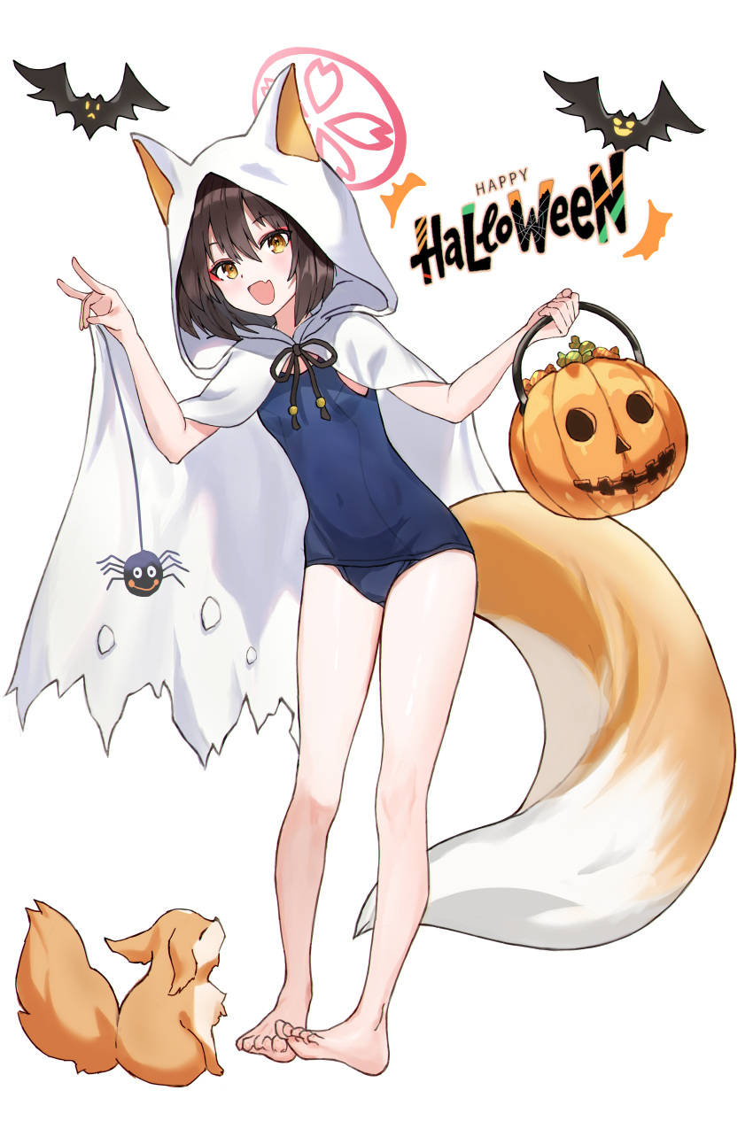 1girl :d absurdres alternate_costume animal_ears animal_hood bare_legs barefoot basket black_hair blue_archive candy commentary_request english_text eyeshadow food fox fox_ears fox_girl fox_hood fox_shadow_puppet fox_tail full_body hair_between_eyes halloween halloween_costume halo happy_halloween highres holding holding_basket holding_toy hood izuna_(blue_archive) jack-o'-lantern leaning_forward looking_at_viewer makeup medium_hair old_school_swimsuit one_side_up red_eyeshadow school_swimsuit sidelocks simple_background smile soles standing stuffed_spider suis_(suis022511) swimsuit tail toes toy white_background yellow_eyes