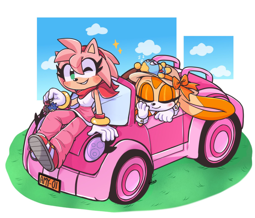 2022 ambiguous_gender amy_rose anthro blush car chao_(sonic) cheese_the_chao clothing cloud cream_the_rabbit day eulipotyphlan female footwear gloves group handwear heartludwig hedgehog hi_res lagomorph mammal one_eye_closed sega shoes simple_background sleeping smile sonic_the_hedgehog_(series) trio vehicle wink