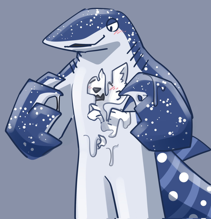 absorption_vore anthro biped blush canid canine canis carpet_shark countershade_face countershade_torso countershading duo fin fin_hands fish gills goo_creature hi_res ivxair3p male mammal marine shark vore whale_shark wolf