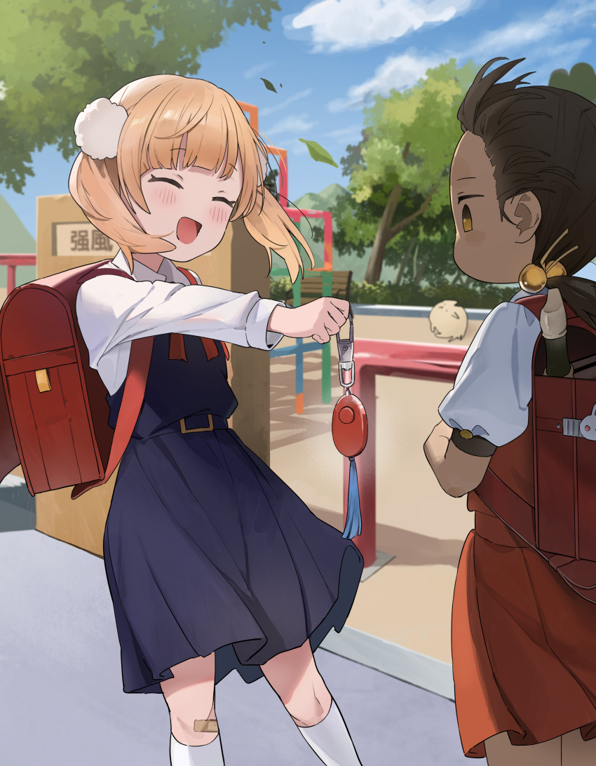 2girls absurdres backpack bag bandaid bandaid_on_knee bandaid_on_leg black_hair blonde_hair blue_dress blurry blurry_background blush child closed_eyes collared_shirt commentary_request crime_prevention_buzzer depth_of_field dress hair_bobbles hair_ornament highres indie_virtual_youtuber instrument kaai_yuki kneehighs kyoufuu_all_back_(vocaloid) long_sleeves medium_dress medium_hair multiple_girls open_mouth outdoors pinafore_dress playground pom_pom_(clothes) pom_pom_hair_ornament puffy_short_sleeves puffy_sleeves randoseru recorder red_bag shigure_ui_(vtuber) shigure_ui_(young)_(vtuber) shirt short_hair short_sleeves shukusei!!_loli-gami_requiem sleeveless sleeveless_dress socks twintails virtual_youtuber vulpes white_shirt white_socks yellow_eyes