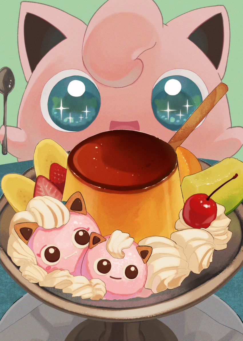 aqua_eyes caramel cherry facing_viewer food fruit furukawa_raku hands_up highres holding holding_spoon jigglypuff melon no_humans open_mouth plate pokemon pudding scream_tail smile sparkling_eyes spoon strawberry wafer_stick whipped_cream