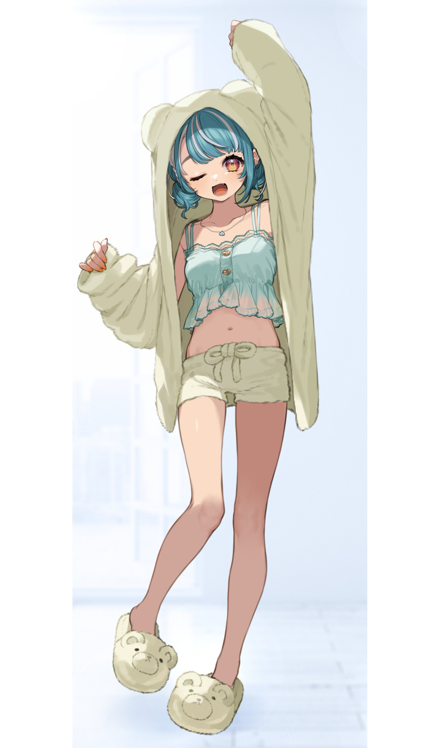 1girl absurdres arm_up blue_hair full_body highres hood hooded_jacket jacket jewelry navel necklace one_eye_closed open_mouth shiranami_ramune shorts slippers solo virtual_youtuber vspo! yuu_(higashi_no_penguin)