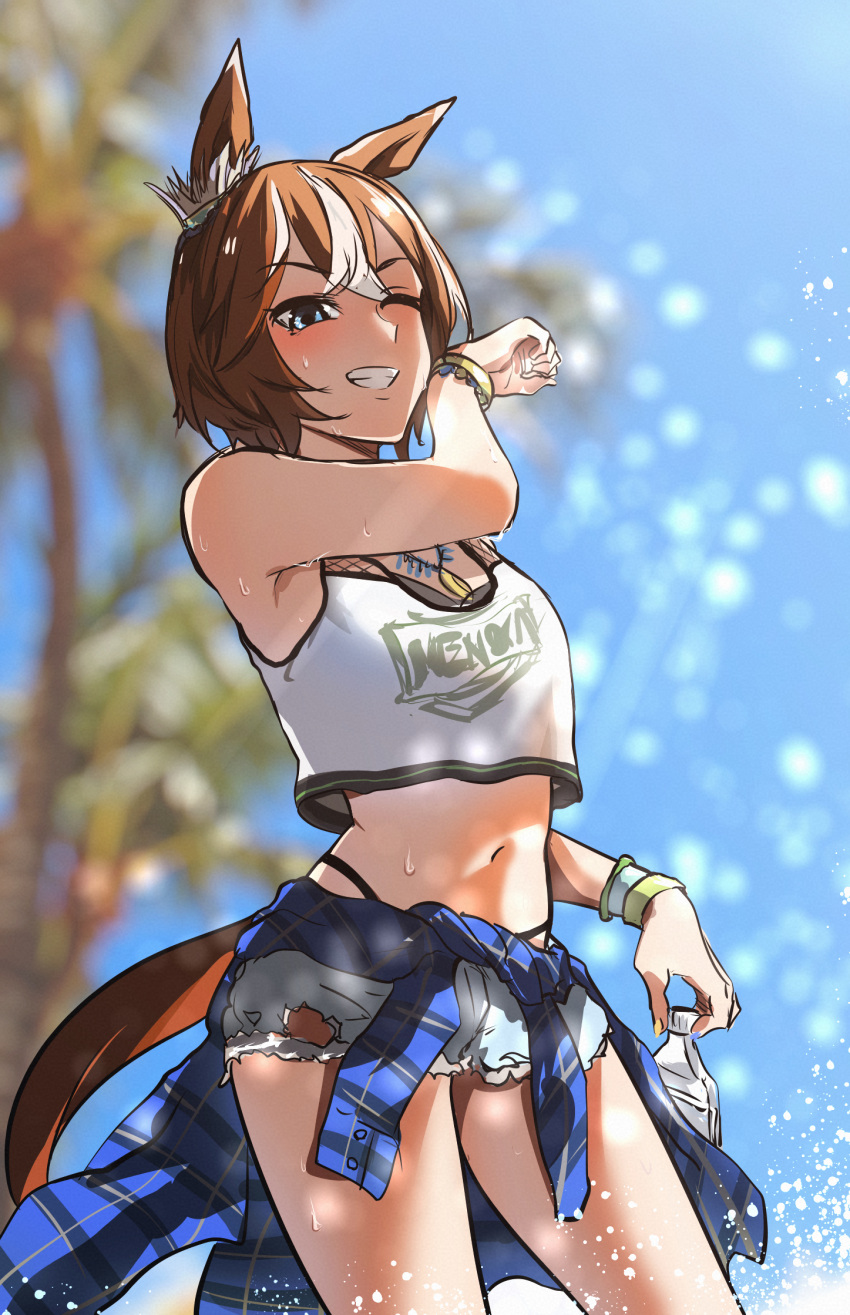 1girl animal_ears arm_up bamboo_memory_(ultra_marine)_(umamusume) bamboo_memory_(umamusume) bikini bikini_under_clothes blue_eyes blurry blurry_background blush bottle bracelet brown_hair clothes_around_waist cowboy_shot crop_top cutoffs denim denim_shorts grin highres holding holding_bottle horse_ears horse_girl horse_tail jewelry kakuteru_sudachi midriff multicolored_hair navel necklace one_eye_closed palm_tree short_shorts shorts smile solo streaked_hair swimsuit tail tank_top tree umamusume wet wiping_face