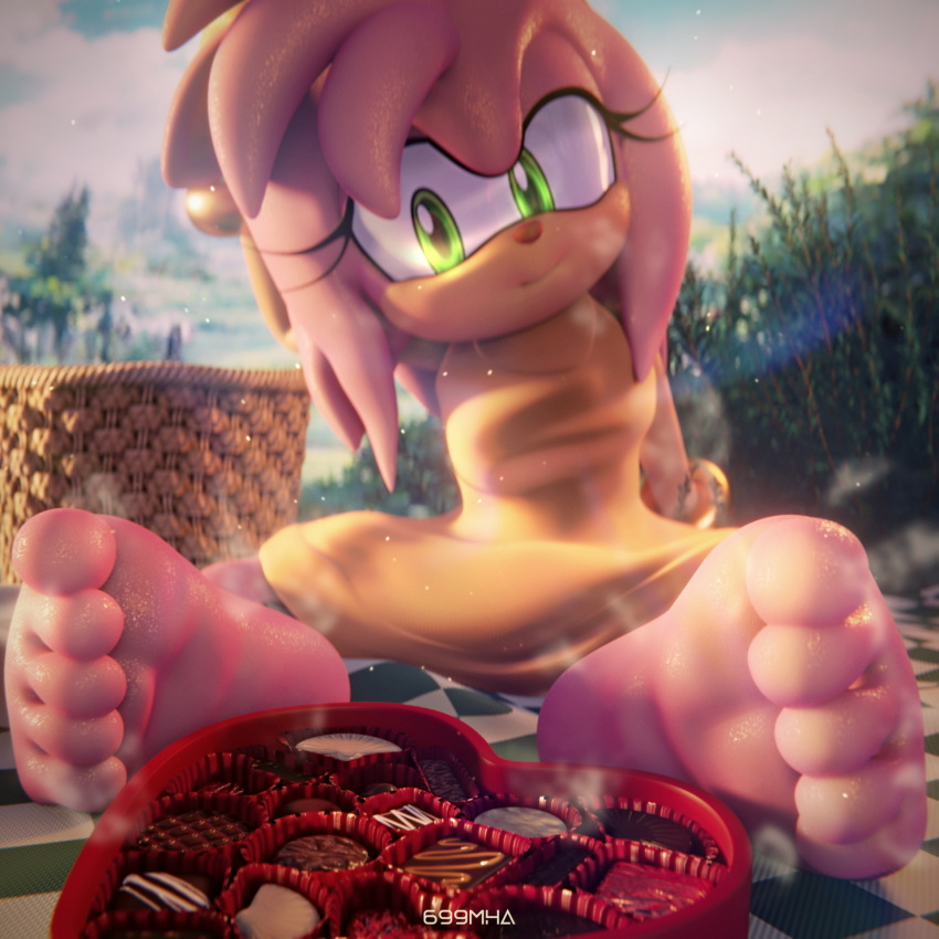 1:1 2023 3d_(artwork) 5_toes 699mha amy_rose anthro basket bodily_fluids candy chocolate clothing container dessert digital_media_(artwork) dress eulipotyphlan feet female food foot_focus forest fur green_eyes heart_shaped_box hedgehog hi_res humanoid_feet mammal musk picnic picnic_basket pink_body pink_fur plant plantigrade sega sitting sitting_on_ground smelly smelly_feet soles solo sonic_the_hedgehog_(series) sweat sweaty_feet toes tree