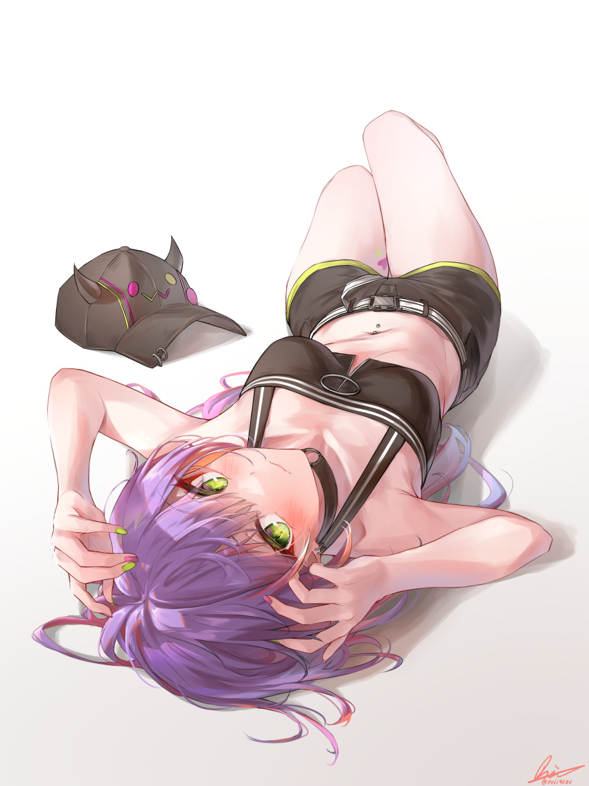 1girl absurdres blush closed_mouth collarbone crop_top gradient_background green_eyes green_nails hat hat_removed headwear_removed highres hololive long_hair looking_at_viewer lying navel navel_piercing on_back piercing pink_nails purple_hair rei_(9086) shorts signature simple_background solo tokoyami_towa twitter_username virtual_youtuber