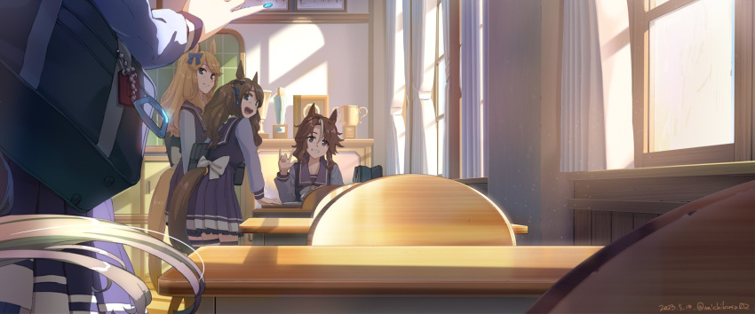 4girls :d \m/ animal_ears bag blonde_hair blue_bow bow bowtie brown_hair chair classroom curtains daitaku_helios_(umamusume) dated desk ear_bow frilled_skirt frills from_behind gold_city_(umamusume) hair_ribbon highres horse_ears horse_girl horse_tail horseshoe_ornament long_hair long_sleeves mejiro_palmer_(umamusume) multicolored_hair multiple_girls omamori pleated_skirt purple_serafuku purple_shirt purple_skirt ribbon sailor_collar sailor_shirt school_bag school_desk school_uniform serafuku shirt skirt smile streaked_hair tail takuzui tosen_jordan_(umamusume) tracen_school_uniform trophy twintails twitter_username umamusume white_bow white_bowtie window