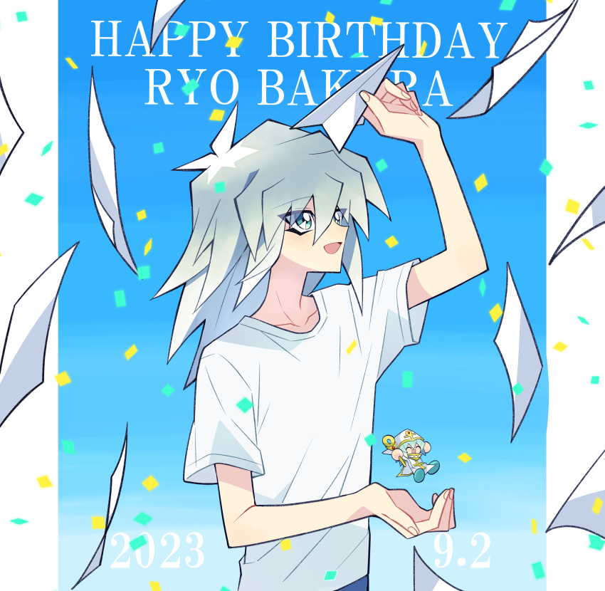 1boy absurdres bakura_ryou blue_eyes character_name chise_1000 commentary_request confetti dated grey_hair hair_between_eyes happy_birthday highres holding_paper_airplane long_bangs long_hair male_focus open_mouth paper_airplane pillarboxed shirt short_sleeves smile t-shirt upper_body white_shirt yu-gi-oh! yu-gi-oh!_duel_monsters