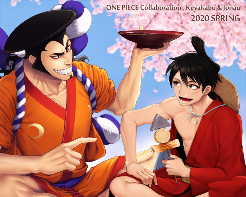 2020 2boys artist_name black_hair crossed_legs facial_hair food goatee grin hat hat_removed headwear_removed holding holding_food japanese_clothes jonau kouzuki_oden long_hair looking_at_another male_focus monkey_d._luffy multiple_boys one_piece open_mouth outdoors scar scar_on_cheek scar_on_face short_hair sideburns sitting smile straw_hat teeth topknot traditional_clothes