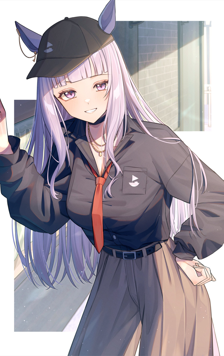 1girl absurdres alternate_costume animal_ears baseball_cap belt black_headwear black_shirt blunt_bangs breast_pocket breasts buttons choker collared_shirt cowboy_shot ears_through_headwear gold_ship_(umamusume) grey_pants hand_on_own_hip hand_up hat highres horse_ears horse_girl isana615 jewelry long_hair long_sleeves looking_at_viewer necklace necktie open_mouth pants pocket purple_eyes purple_hair red_necktie shirt shirt_tucked_in small_breasts smile solo umamusume