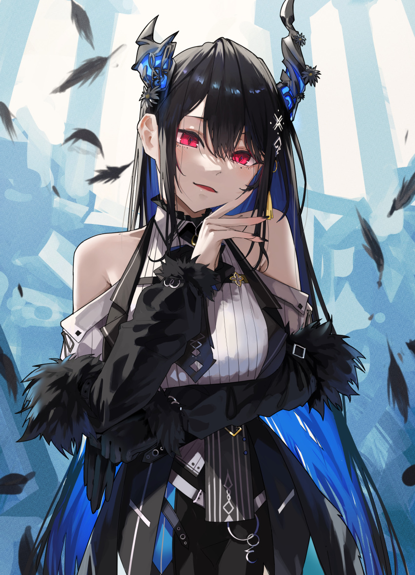 1girl archinoer asymmetrical_horns bare_shoulders black_hair blue_hair breasts colored_inner_hair crystal_horn fur_trim hair_ornament highres hololive hololive_english horns large_breasts long_hair looking_at_viewer mole mole_under_eye multicolored_hair nerissa_ravencroft red_eyes smile solo virtual_youtuber