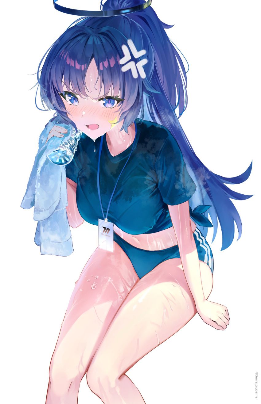 1girl absurdres anger_vein blue_archive blue_buruma blue_eyes blue_shirt blush bottle bottle_to_cheek breasts buruma commentary gym_shirt gym_uniform halo highres holding holding_bottle holding_towel id_card lanyard large_breasts long_hair looking_at_viewer navel official_alternate_costume open_mouth parted_bangs ponytail purple_hair shirt short_sleeves simple_background solo star_sticker sticker_on_face sweat thighs tied_shirt towel tsubameno twitter_username water_bottle wet white_background yuuka_(blue_archive) yuuka_(track)_(blue_archive)